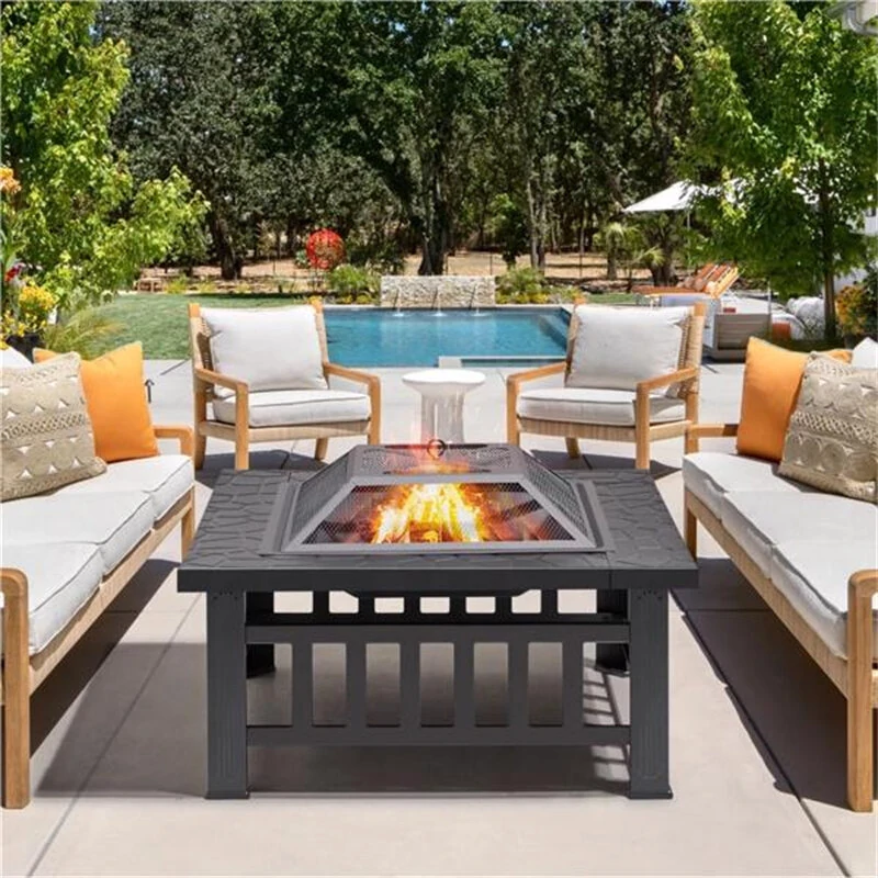 (image for) [USA Direct] Fire Pit 32'' Wood Burning Firepit Metal Square Outdoor Fire Tables SteelFire Pit Bowl with Spark Screen Cover, Poker Log Grate for Patio Camping Backyard Garden Picnic, 8866
